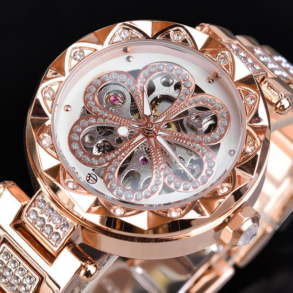 Forsining Mechanical Automatic Ladies Watches Top Brand Luxury Rhinestone Female Wrist Watches Rose Gold Stainless Steel Clock JayJay's Scrubs