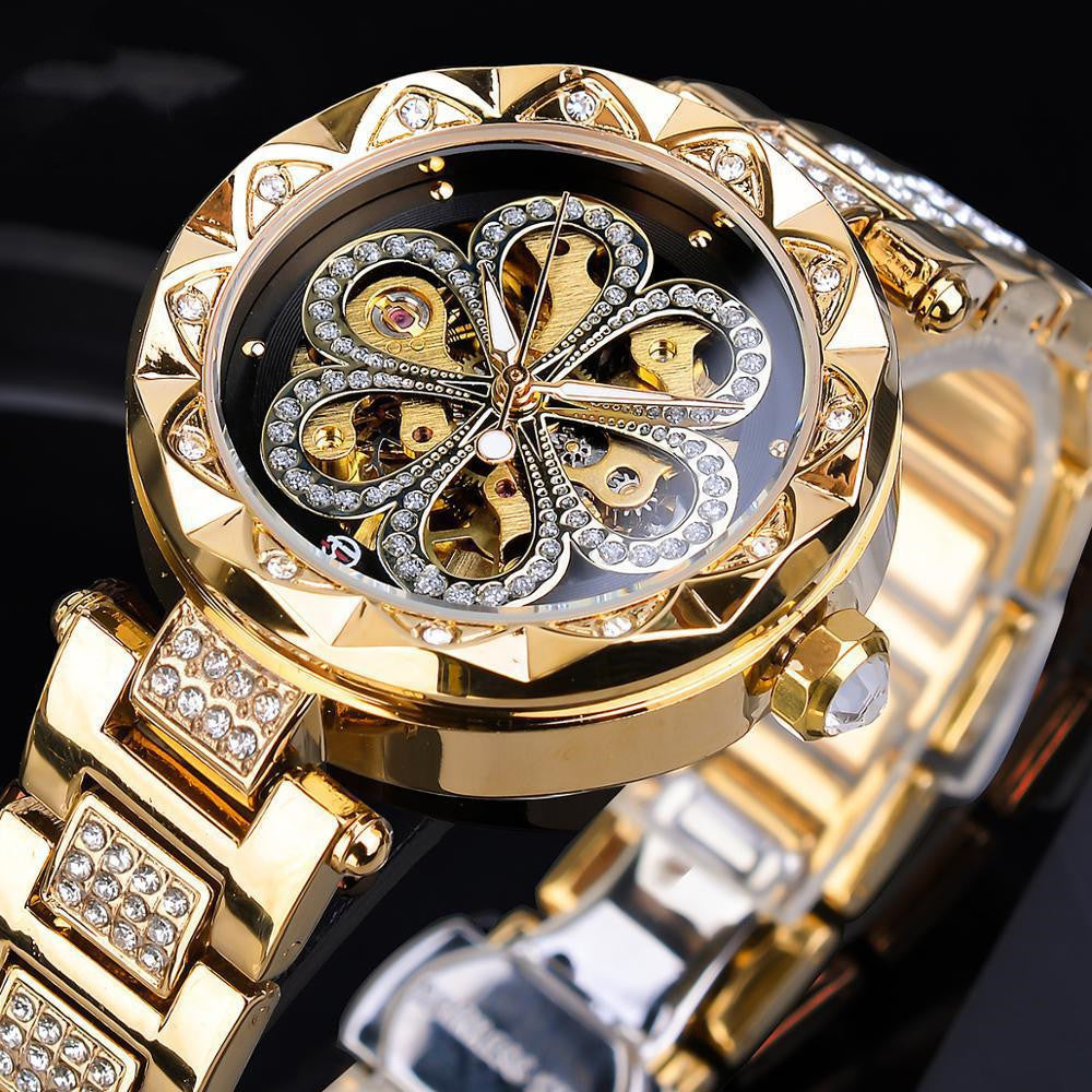 Forsining Mechanical Automatic Ladies Watches Top Brand Luxury Rhinestone Female Wrist Watches Rose Gold Stainless Steel Clock JayJay's Scrubs